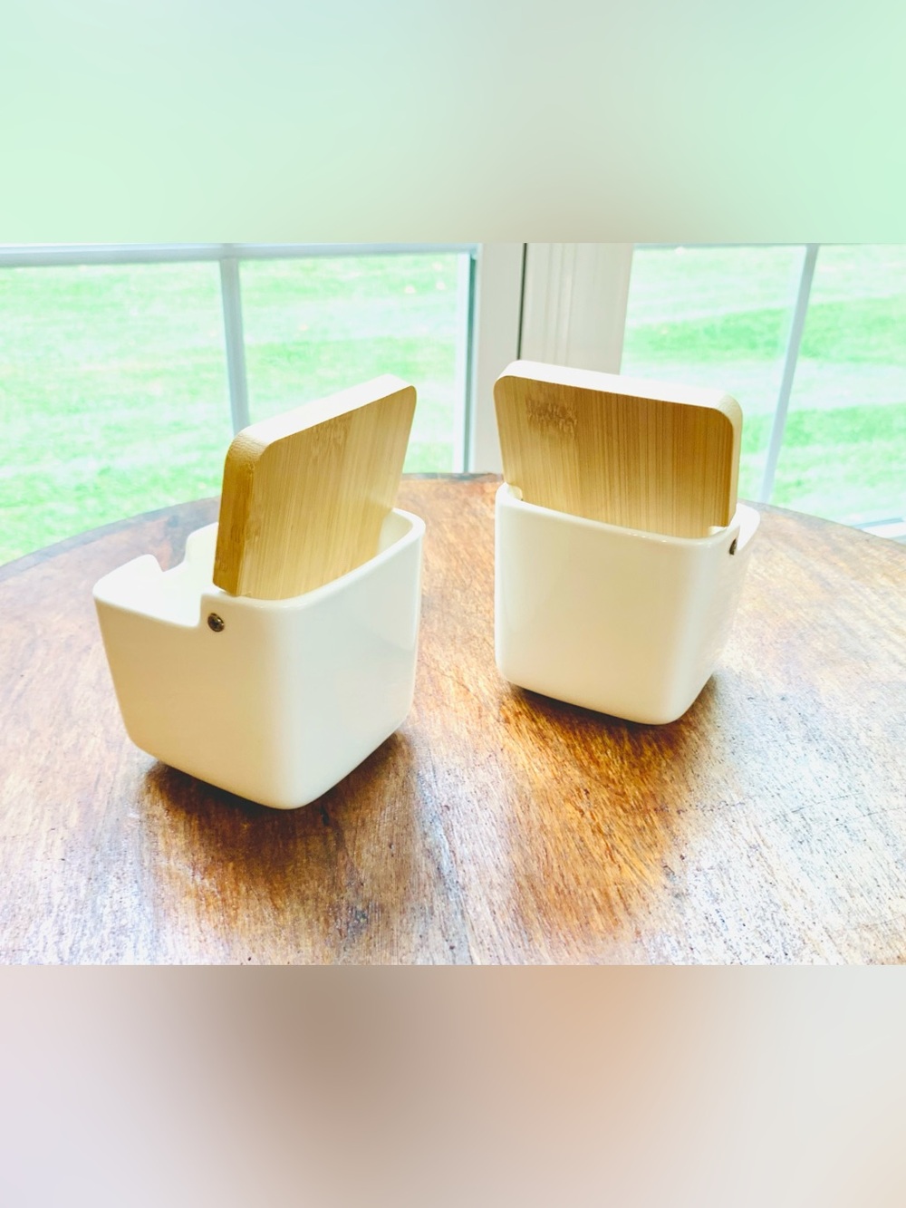 Minimalist White Ceramic Toothbrush Holders with Bamboo Inserts (Set of 2)